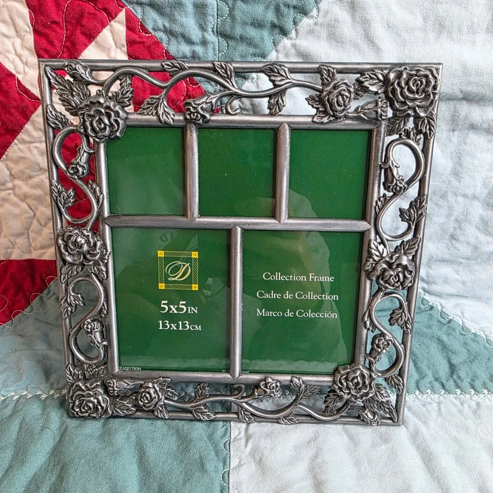 Vintage Silver Pewter Rose Vine 5x5 Collage Picture Frame Floral Ornate Square